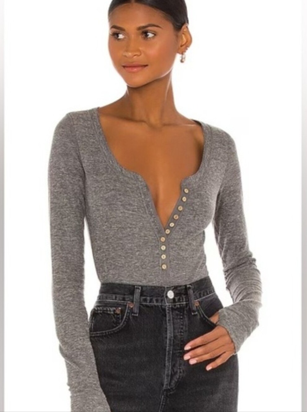 FREE PEOPLE  Heather Gray Long Sleeve Henley Bodysuit
